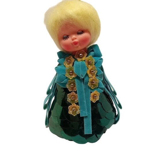 Unknown Other - Vintage Handmade Blonde Doll in Green Sequin Dress Blue Felt Trim 60s DIY Kit